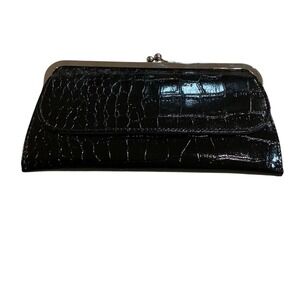 Black Croc Embossed Kiss Lock Clutch Wallet Patent Faux Leather Evening Bag